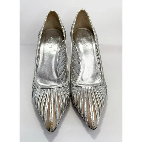 Gucci Silver Leather Heels Laser Cut Stripe Metallic Y2K Vintage Sz EU 36.5C 6.5 - Picture 4 of 10